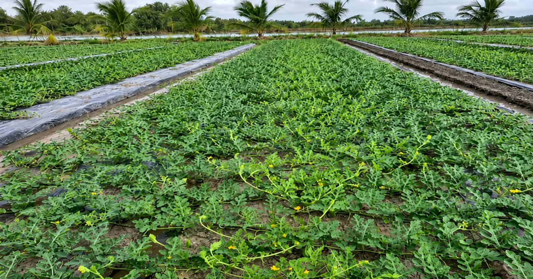 Dưa hấu 25–27 NSG, dây phủ luống, chuẩn bị ra hoa